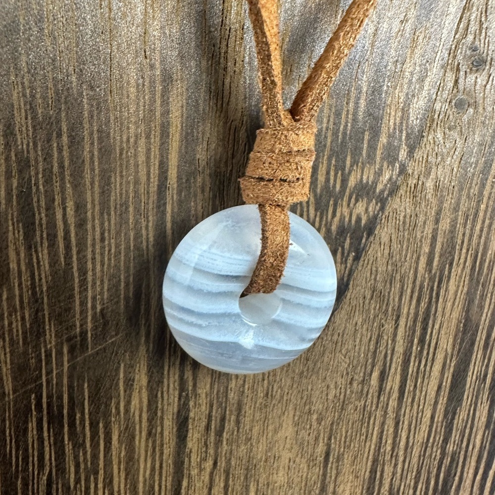 Small Banded White Agate Donut Pendant Necklace on Brown Suede - Picture 7 of 14